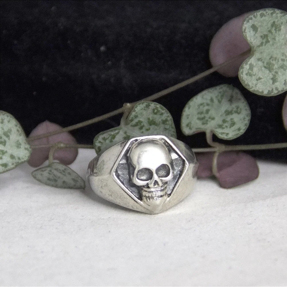 Sterling Silver Skull Signet Ring Hexagon Biker Gothic Band Sz 9.5